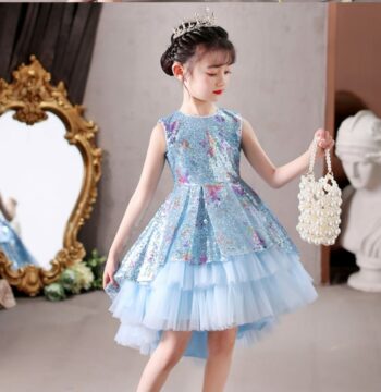 7-8 (150#) Years Sky Blue Sequined Dazzling Tailed Princes Frock Party Costume Fairy Children Clothing