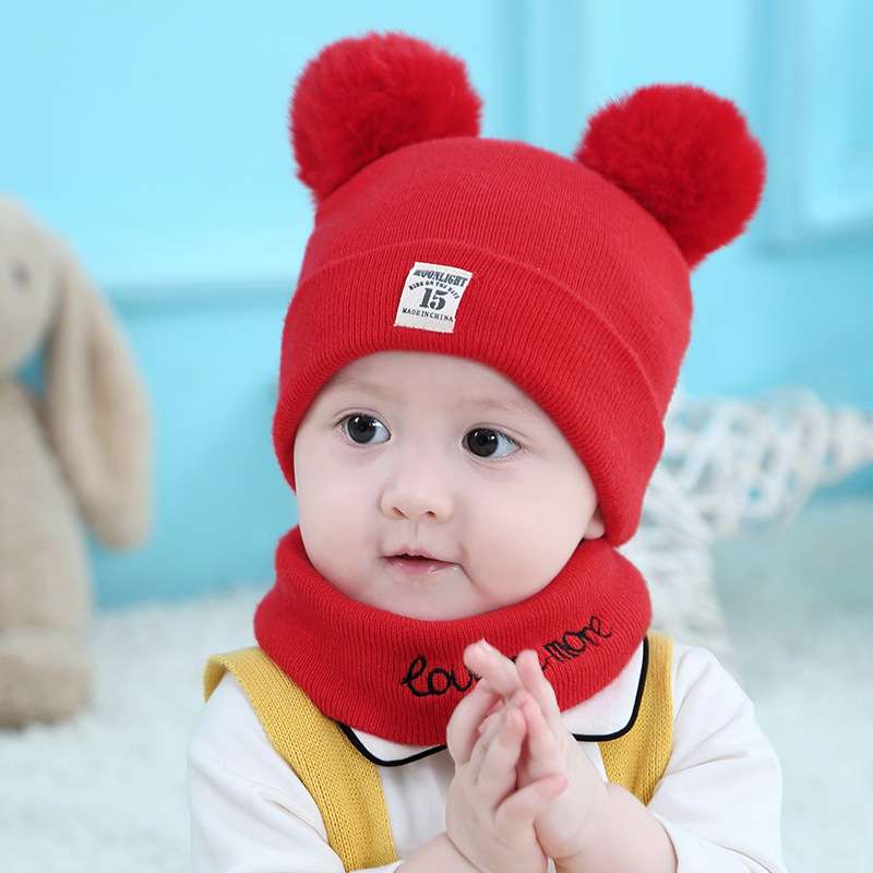 0-2 years Cute Baby Pomp Pomp Wool Cap and Neck Collar - Mickeyminors.pk