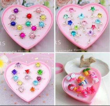 12Pcs Adjustable Alloy Baby Girl Rings with Heart Shaped Box Jewelry Rings Kid Girls Random Color