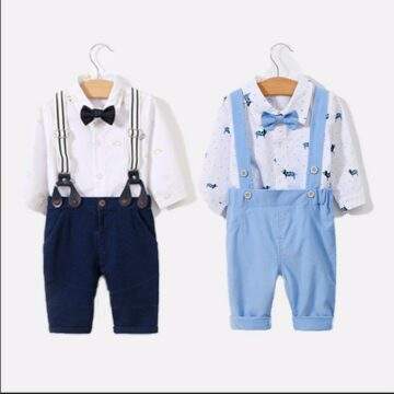 6 Months- 4 Years Cotton Full Sleeves White Shirt & Suspender Trouser with Bow