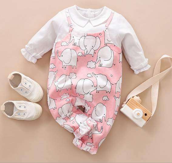 0-12 month Summer Pink & White Elephant Full Sleeves Cotton Romper