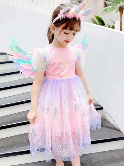 4-10 Years Pink Unicorn Sequenced Body Net Frock