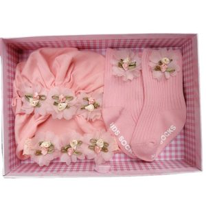 Baby Girl Pink Cotton Socks Head band and Summer Cap
