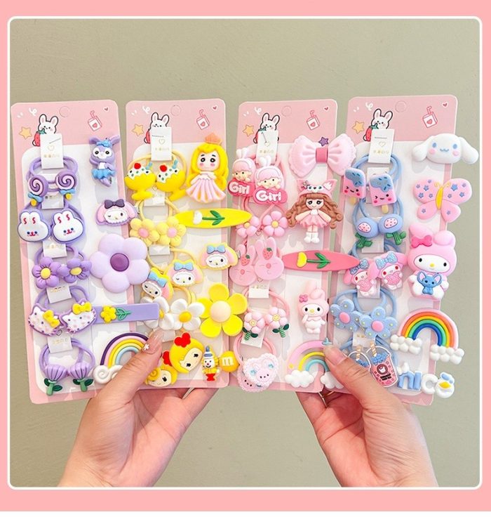 Girls Silicon Handmade Cartoon Hair Clips and Band Card Set