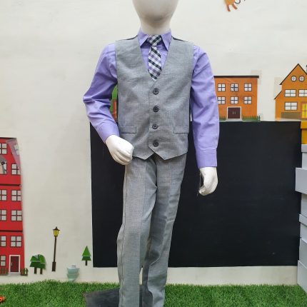 5-8 Years High Quality Grey Pant and Waist coat + Purple Shirt + Tie Set