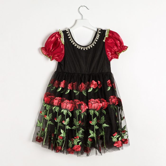 3-10 Years Black with Red Rose Embroidered Half Sleeves Frock
