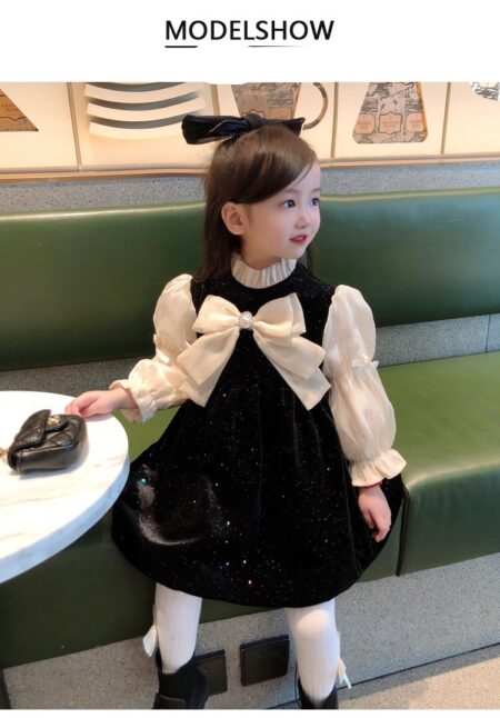 1-7 Years Beautiful A Line Shimmery Black & Off White Velvet Frock