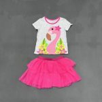 1-4 Years Summer girl’s Soft Cotton Swan Shirt with Dark Pink Ruffle Skirt
