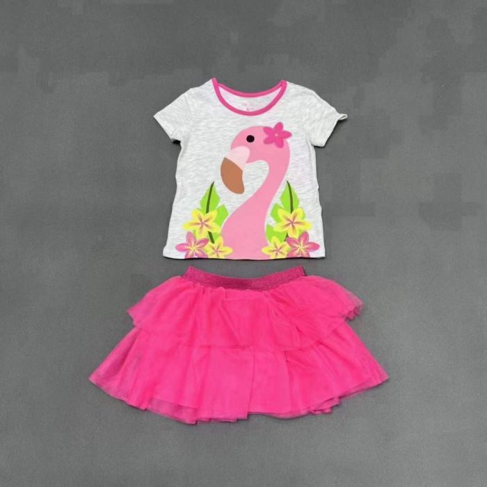 1-4 Years Summer girl’s Soft Cotton Swan Shirt with Dark Pink Ruffle Skirt