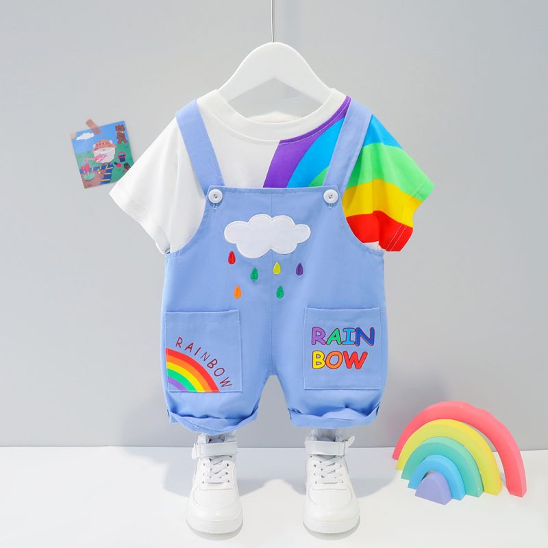 6 Months-4 years Cotton Half Sleeves Rainbow Shirt & Cloud Colorful Dungaree