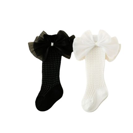 0-7 years Black & White Big Bow Summer Mesh Breathable Cotton Mid-Calf Socks
