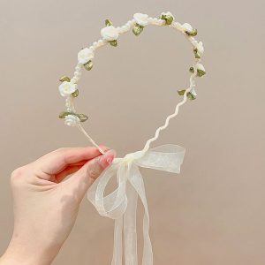 Pearl Silk Flower Decent Headband Organza Ribbon Ties