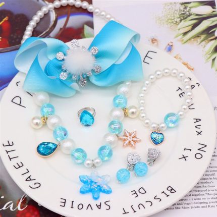 Blue Elsa Princess Snowflake Necklace, Bracelet, Ring, Earrings and Hair Clips