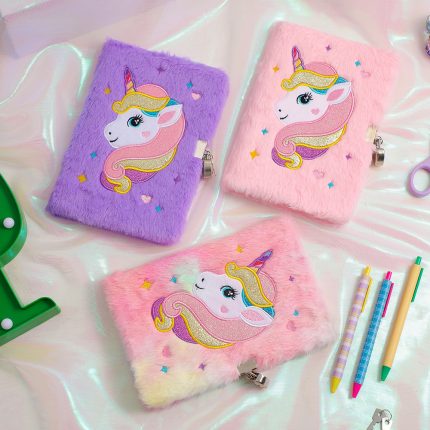 Cute Plush A5 Note Book Diary With Lock with Unicorn Stars Embroidery