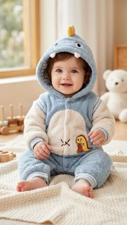 Dinosaur Teddy/Bouclé Hooded Jumpsuit